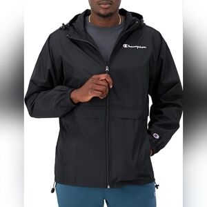 Champion Black Windbreaker Jacket | Logo Zip-Up Hoodie | Size XL